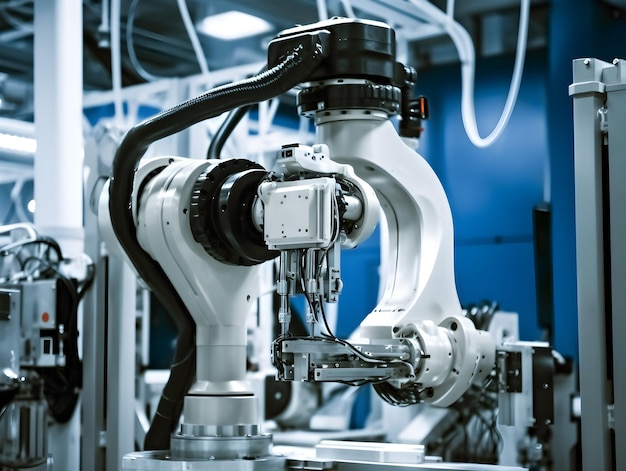 Dans une usine automobile, un bras robotique avec une broche de fraisage