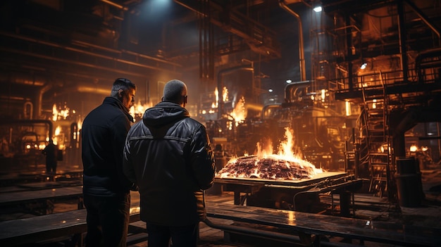 Dans une usine de fabrication de tuyaux, deux ingénieurs de l'industrie lourde se tiennent debout et utilisent des tablettes numériques.