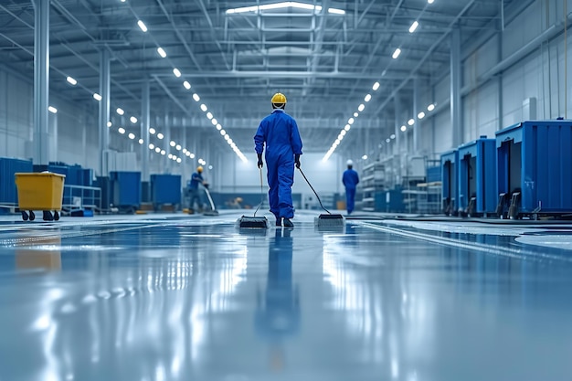 Dans une usine de nettoyage en combinaison bleue, les employés d'une entreprise de nettoyage polissent un espace de revêtement de sol en époxy frais. IA générative