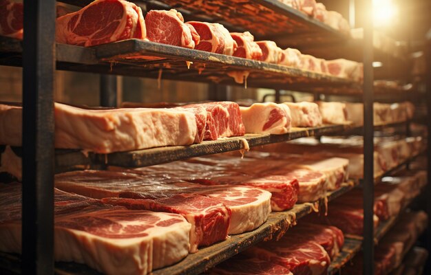 Dans une usine de viande bovine, les cadavres de vaches sont conservés au froid.