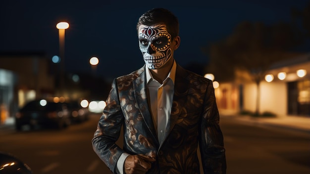 Dans une veste sombre et avec un visage peint, une image pour Halloween ou le Jour des Morts Generative AI