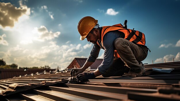 dans la ville un constructeur répare le toit