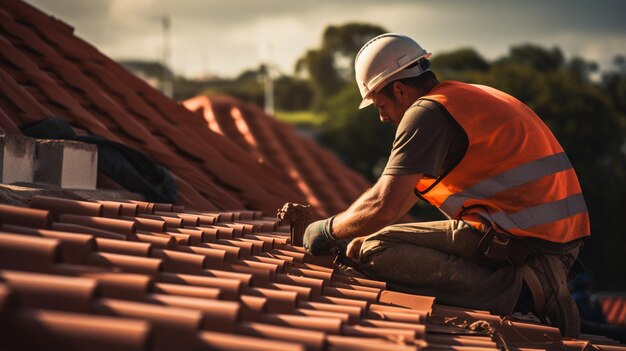 Photo dans la ville un constructeur répare le toit