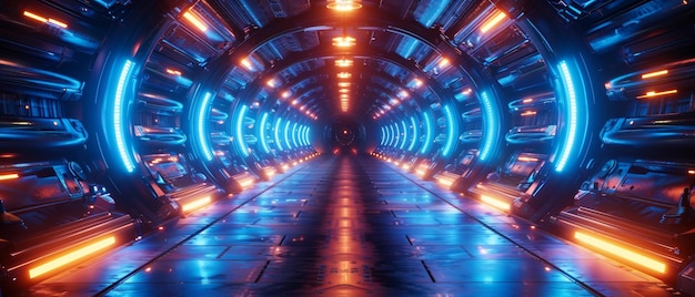 Dans ce voyage futuriste de science-fiction, vous voyagerez à travers un couloir spatial avec des bandes de lumière bleu néon brillantes dans des couleurs cyberpunk.