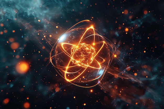 Danse atomique, royaume subatomique, électrons, neutrons et protons gravitent autour d'un noyau fixe dans un espace vide modèle à l'intérieur des atomes, présentant des chemins prévisibles dans le monde complexe de la physique des particules