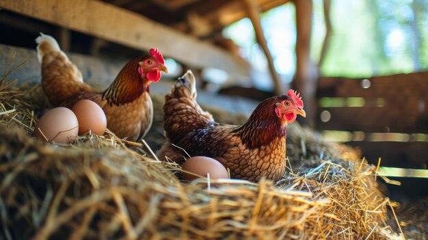 Danse céleste Un ensemble majestueux de poulets perchés sur une montagne de foin