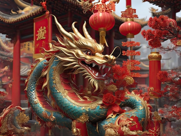 La danse du dragon chinois dans le temple