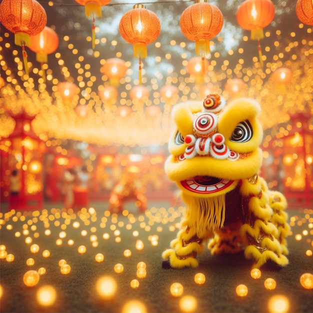 La danse du lion jaune chinois est exécutée.