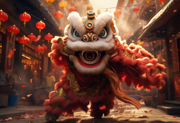 Photo la danse du lion zhujiajiao à guangzhou est un spectacle culturel asiatique traditionnel du nouvel an chinois