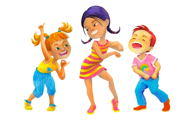 Danse des enfants multiculturels Illustration à l'aquarelle isolée pour les enfants dansant conception de fête
