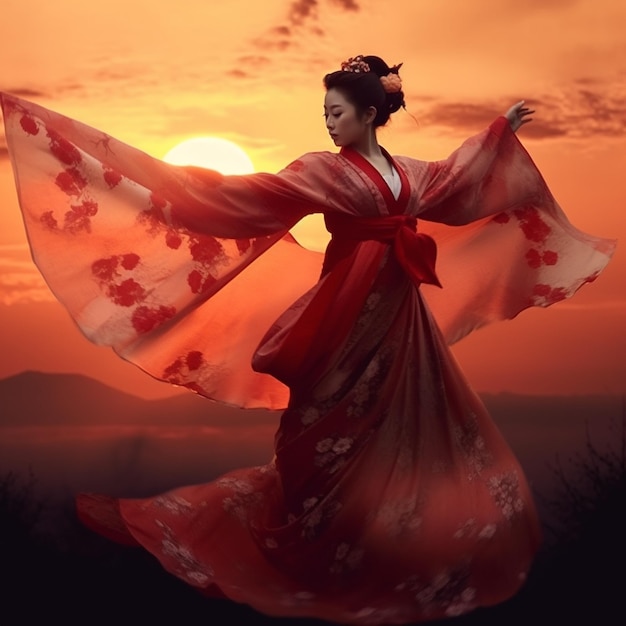 Photo danse de la geisha japonaise au coucher du soleil illustration de haute qualité