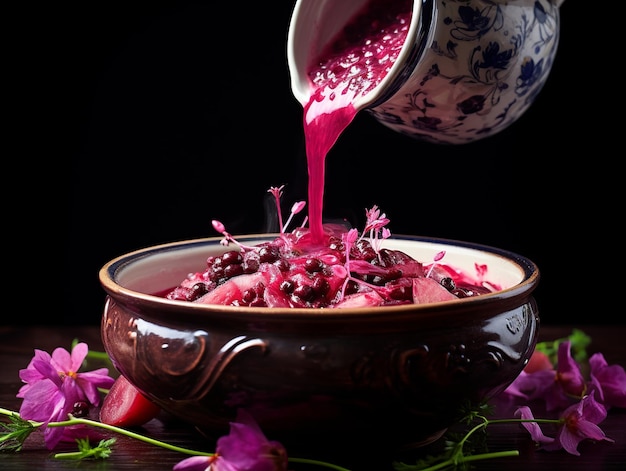 La danse vibrante captivante de Pour Borscht, de la cruche au bol