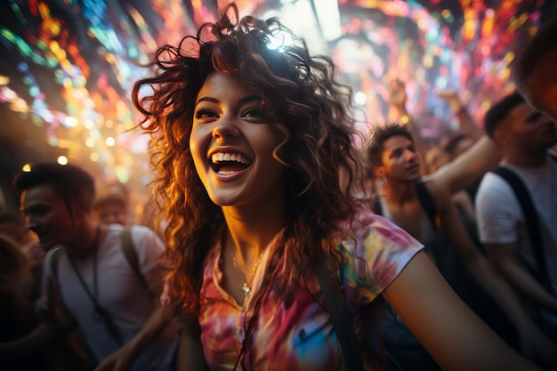 Danser lors d'une fête animée les lumières colorées créant un fond flou dynamique IA générative