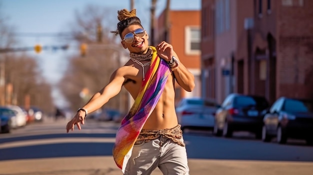 Danseur de bandana américain dans la rue Cool Generative AI un jeune homme hispanique homosexuel dansant négligemment à l'extérieur