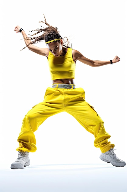 Photo un danseur de style hiphop sautant portant un gilet jaune sur un fond blanc pur