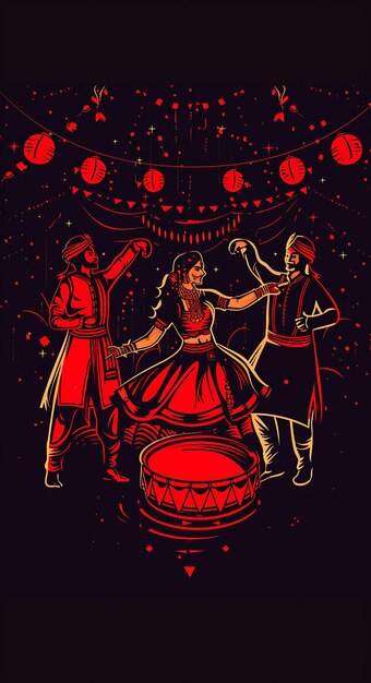 Des danseurs de Bhangra se produisent dans un mariage punjabi avec des tambours une bannière un dessin de carte postale un collage une encre d'art