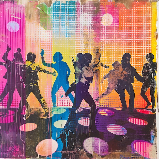 Danseurs colorés du renouveau disco des années 70 sur un sol monochrome