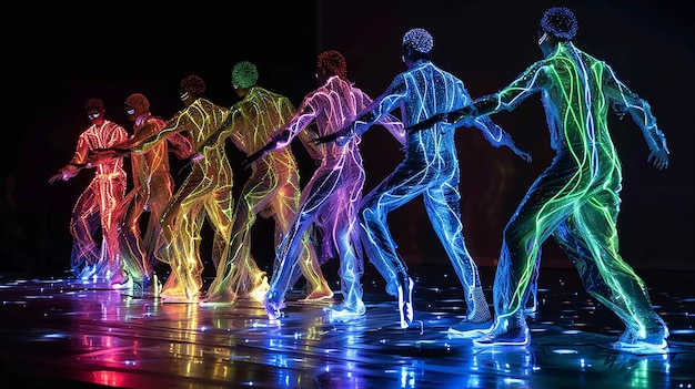 Des danseurs en costume avec des lignes fluorescentes