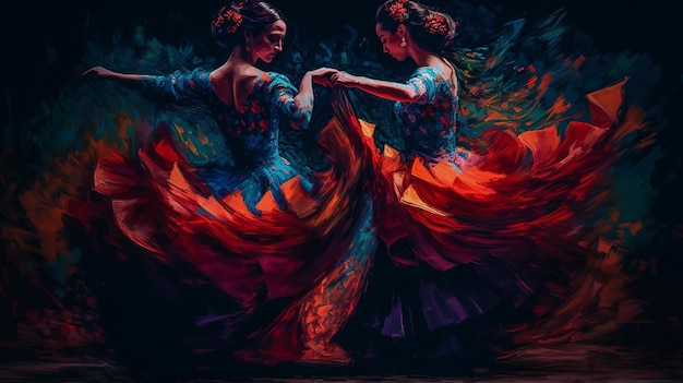 Photo danseurs de flamenco en robes colorées sur fond noir ai générative