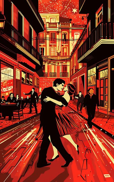 Photo des danseurs de tango se produisent dans une rue de buenos aires avec des cafés banner design postcard collage art ink