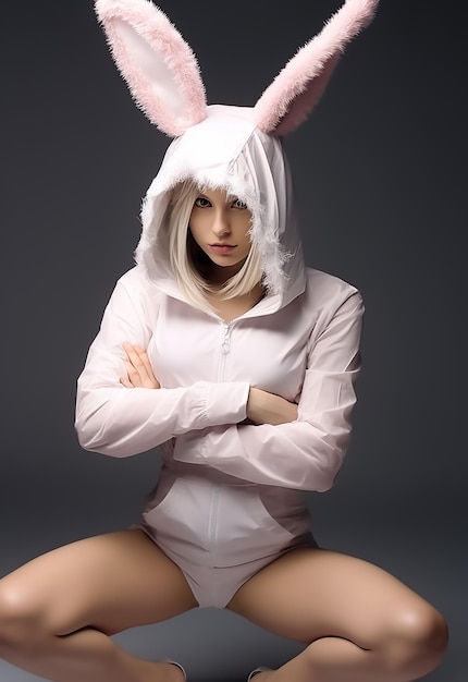 Danseuse de ballerine en costumes de mode blanc chaud et masque de lapin comme un costume de lapin Playboy