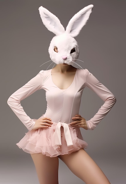 Danseuse de ballerine en costumes de mode blanc chaud et masque de lapin comme un costume de lapin Playboy