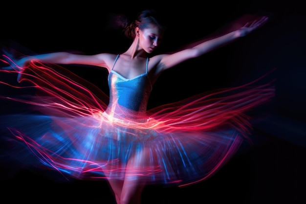 Danseuse de ballet féminine avec des traînées de lumière rouge et bleue dans le flou de mouvement Generative AI AIG27