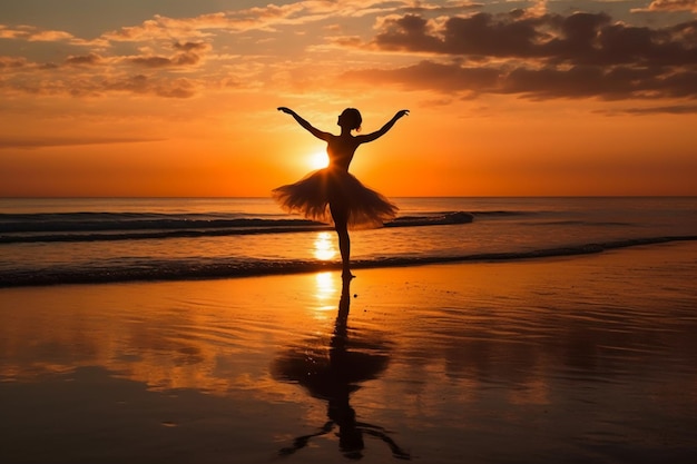 Une danseuse de ballet se produit sur la plage au coucher du soleil.