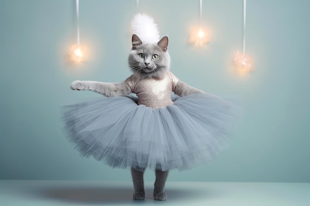 Une danseuse de ballet en tutu sur fond pastel Un chat dansant en tenue de ballerine faisant une pirouette Une danse classique d'élégance et de royauté Un chat de race pure en tant que danseur de ballet