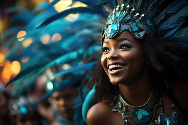 Danseuse brésilienne souriante au carnaval portant un costume de plumes IA générative