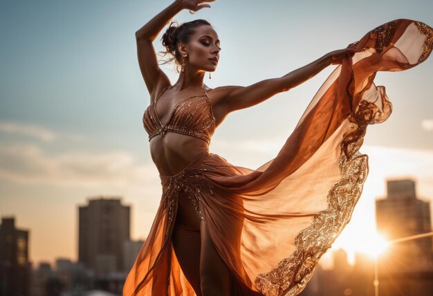 Une danseuse en costume orné se produit passionnément dans un coucher de soleil urbain.