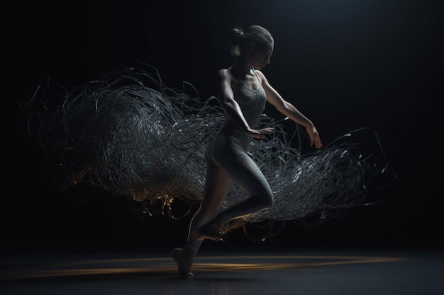 Une danseuse dans une pièce sombre avec un fond noir et une queue à plumes blanches.