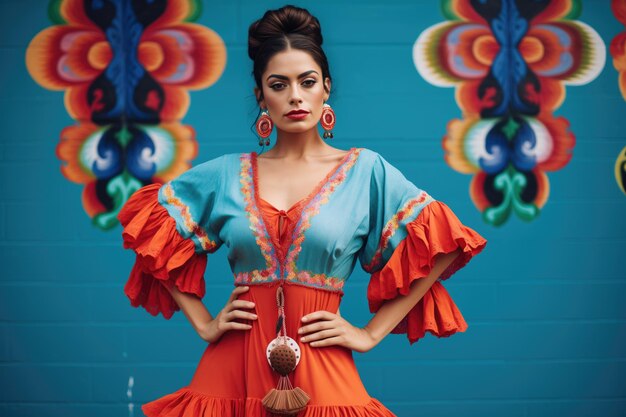 Photo danseuse de flamenco avec robe colorée et castagnettes