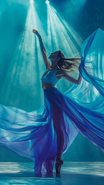 Danseuse portant une robe de chiffon violet sur une scène avec un faisceau lumineux Ballerine portant une robe bleue de Silk Fantasy Femme dansante avec des ailes de tissu cyan