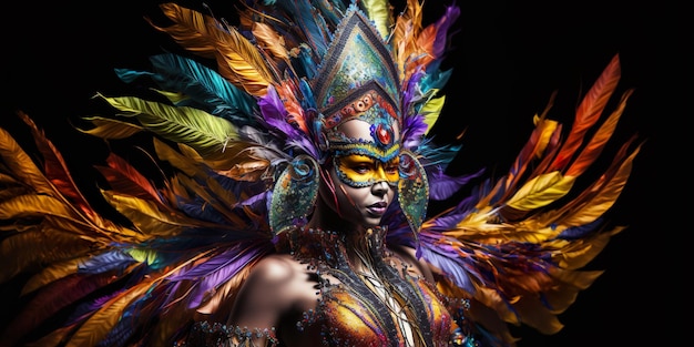 Danseuse professionnelle dans des costumes de plumes de carnaval somptueux et colorés, masque facial et costume de carnaval Carnaval brésilien permanent