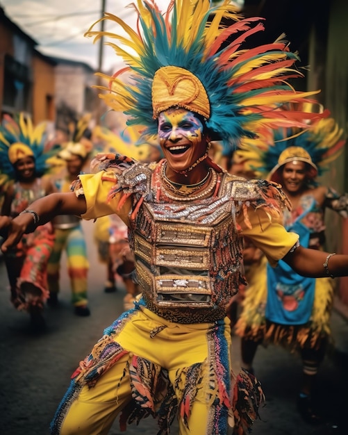 une danseuse avec une tenue colorée et une coiffe colorée.