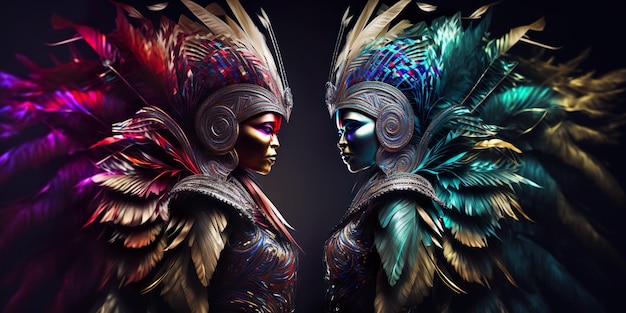 Danseuses professionnelles en costumes de plumes de carnaval somptueux et colorés, masque facial et costume de carnaval Carnaval brésilien permanent