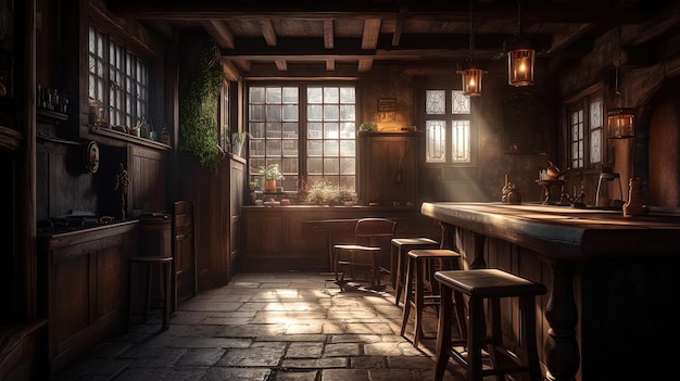 Dark moody taverne médiévale taverne intérieure lumière du jour à travers une fenêtre Rendu 3D AI génératif