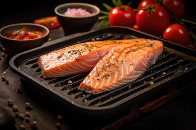 Darne de saumon avec marques de grill et flocons de piment