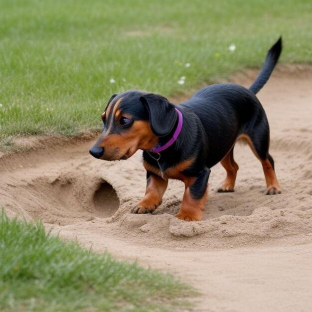 Photo un daschund creusant un trou dans le sol