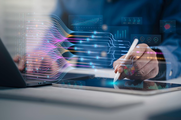 Data science and big data technology Scientist computing analysis and visualizing complex data set on computer for business analyticsartificial intelligence machine learning Data mining