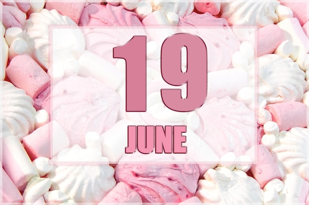 Date du calendrier sur fond de guimauves blanches et roses Le 19 juin est le vingt-deuxième jour du mois