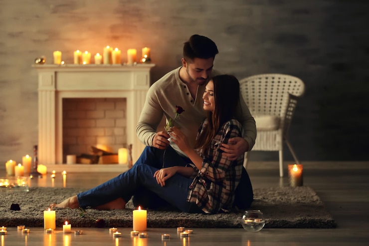 Photo date de l'heureux jeune couple dans la chambre avec des bougies allumées