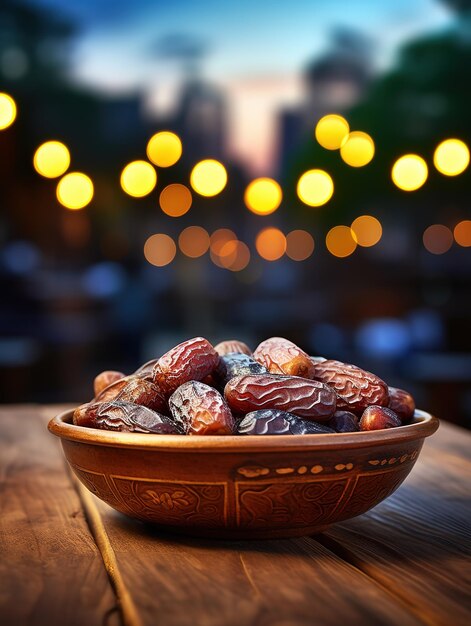 Photo dates de bol sur du bois derrière le fond de la mosquée ramadan