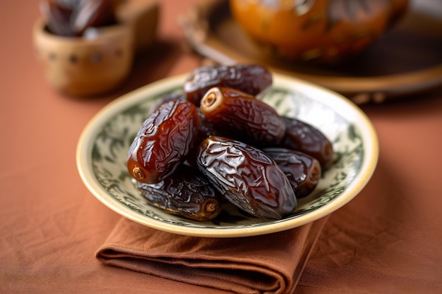 dates brunes savoureuses à l'intérieur de la plaque sur le bureau en bois focalisation sélective