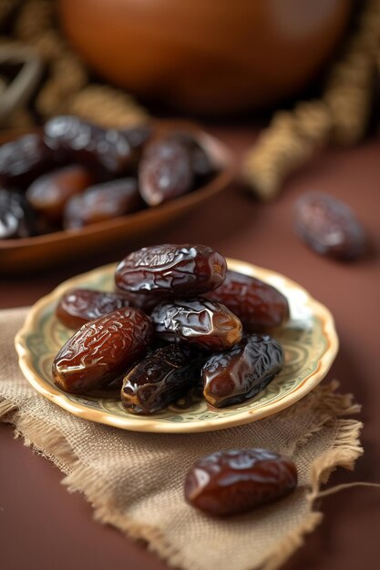 dates brunes savoureuses à l'intérieur de la plaque sur le bureau en bois focalisation sélective