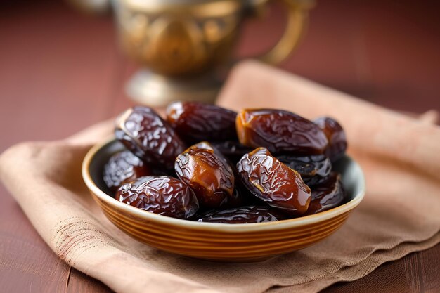 dates brunes savoureuses à l'intérieur de la plaque sur le bureau en bois focalisation sélective