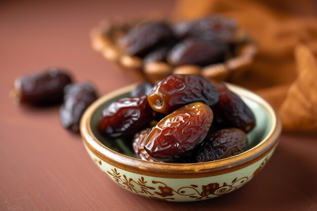 dates brunes savoureuses à l'intérieur de la plaque sur le bureau en bois focalisation sélective