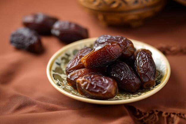 dates brunes savoureuses à l'intérieur de la plaque sur le bureau en bois focalisation sélective