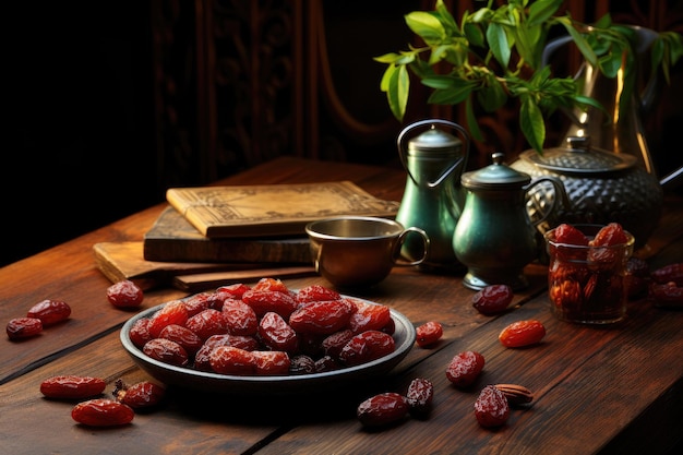 Dates de jeûne du Ramadan sur table en bois Generative AI